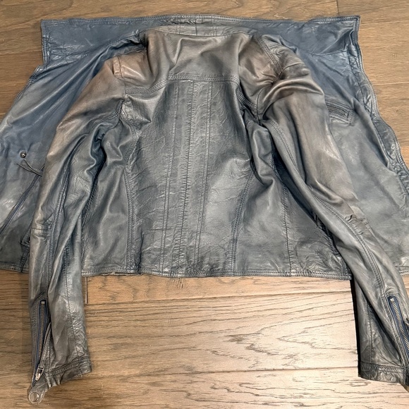 Danier Blue-Grey Genuine Leather Moto Jacket 2XS Asymmetric Zip, High Collar - Picture 13 of 16